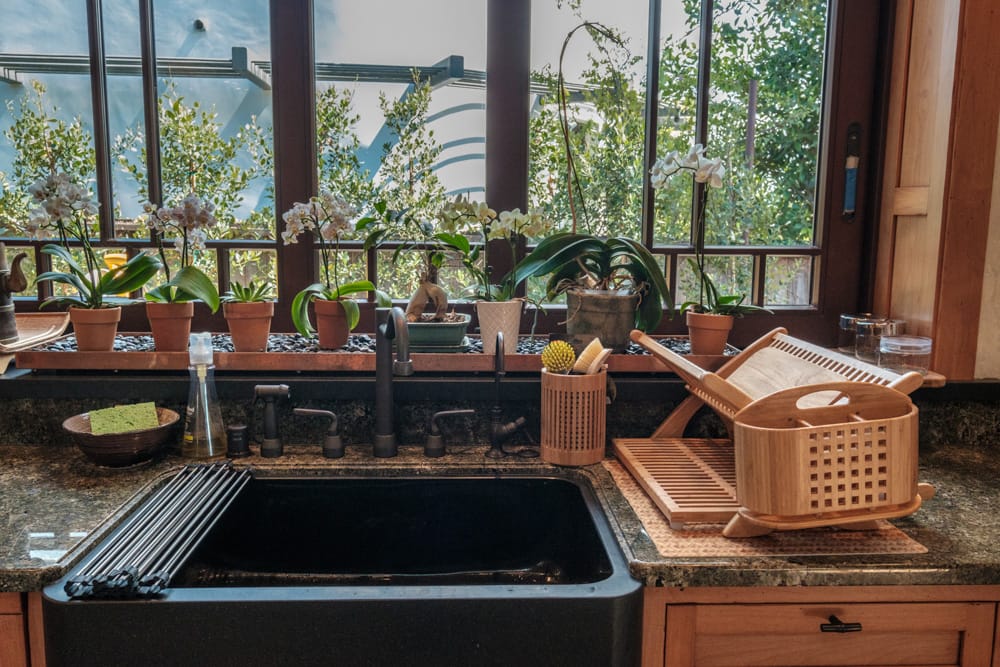 Flowers displayed above the kitchen sink